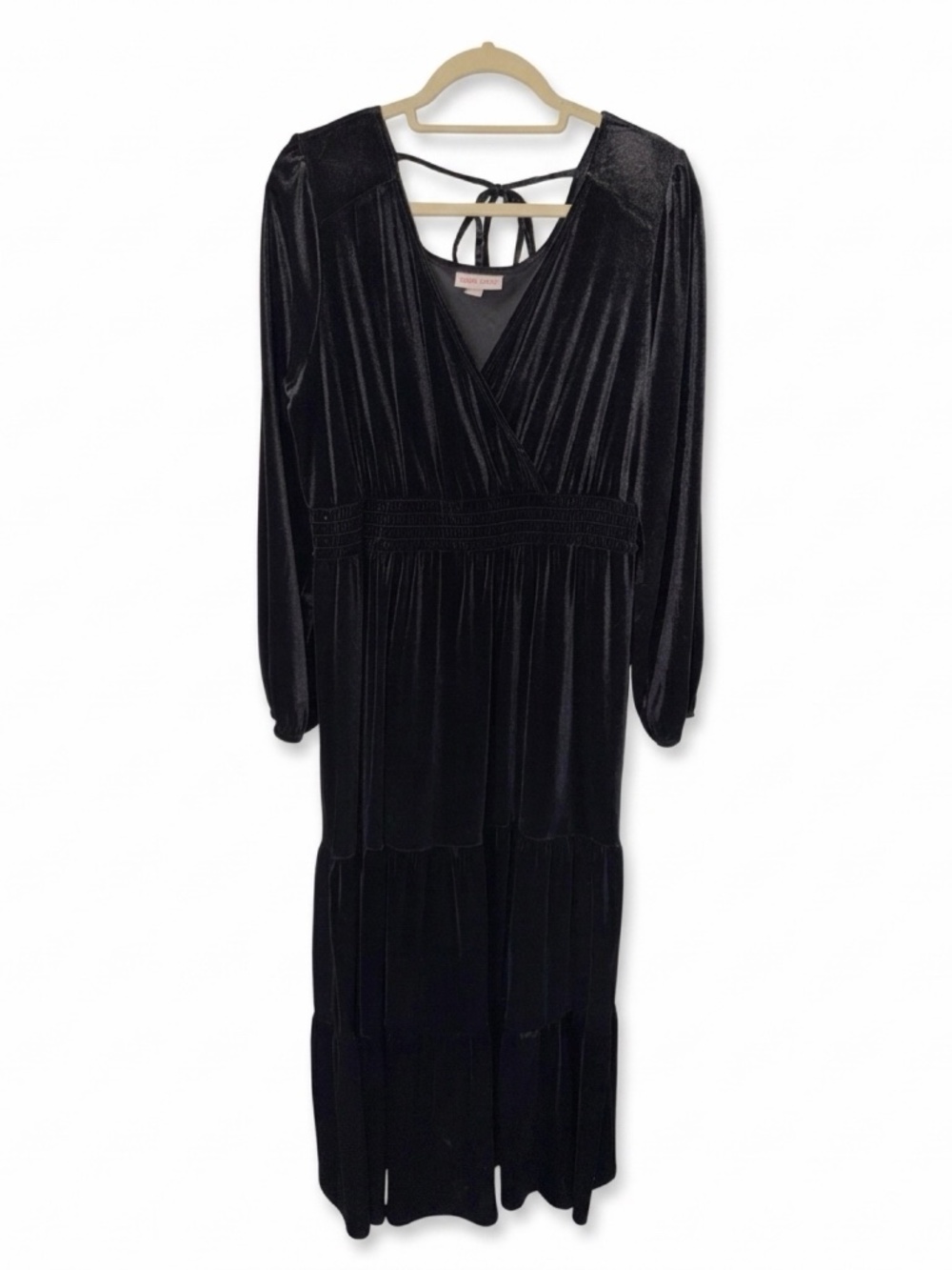 Black Velvet V-Neck Tiered Midi Dress - Large